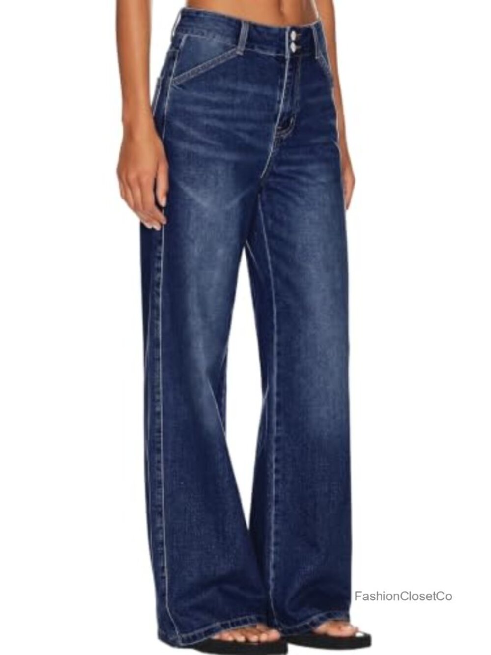 Wide Leg High Waisted Jeans Double Button Tummy Control Stretch Denim Pants